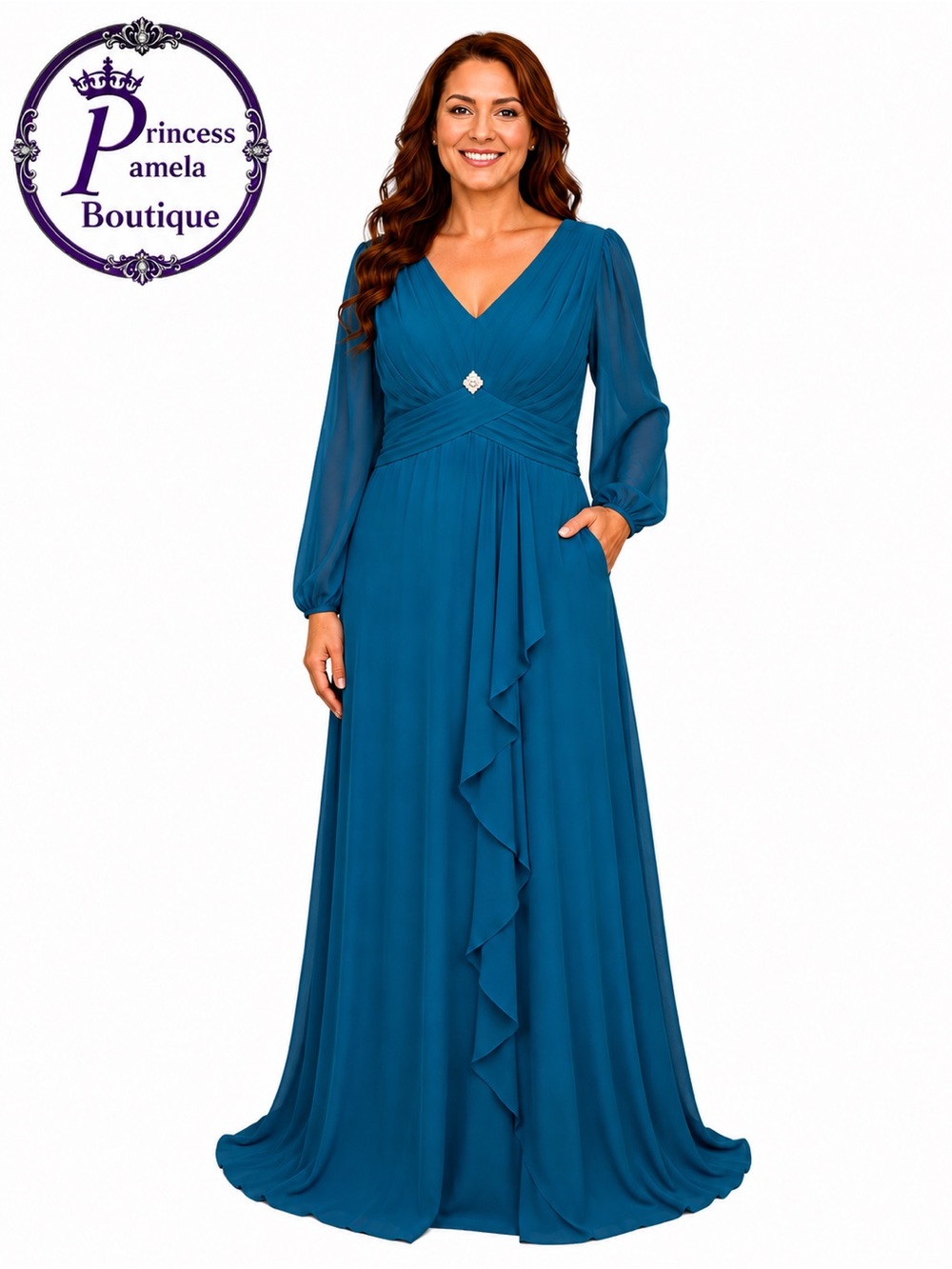 #41 A-5 Blue Green Teal V-neckline, long bishop sleeves long dress